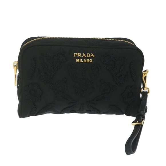 PRADA Embroidery Pouch Nylon Black Auth ac2598V - Picture 1 of 15